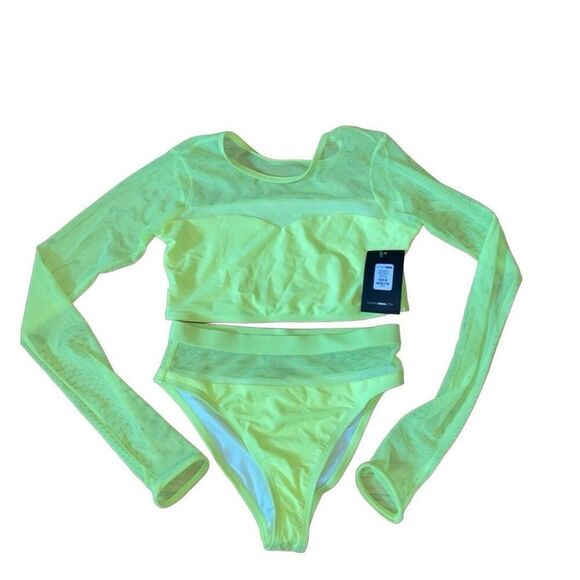 Fashion Nova Other - Fashion Nova Neon Yellow Long Sleeve Mesh Bikini Set